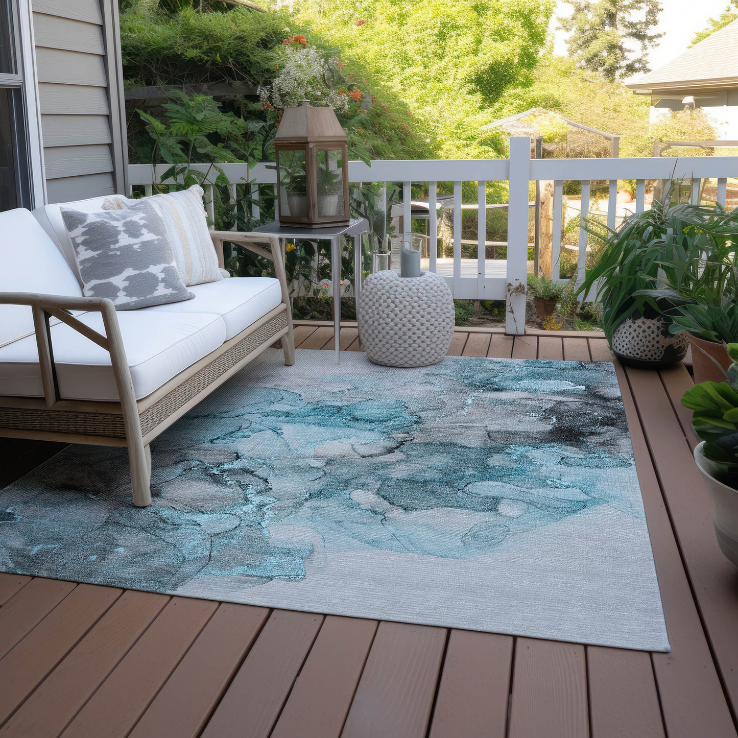 5' X 8' Teal Abstract Washable Non Skid Indoor Outdoor Area Rug