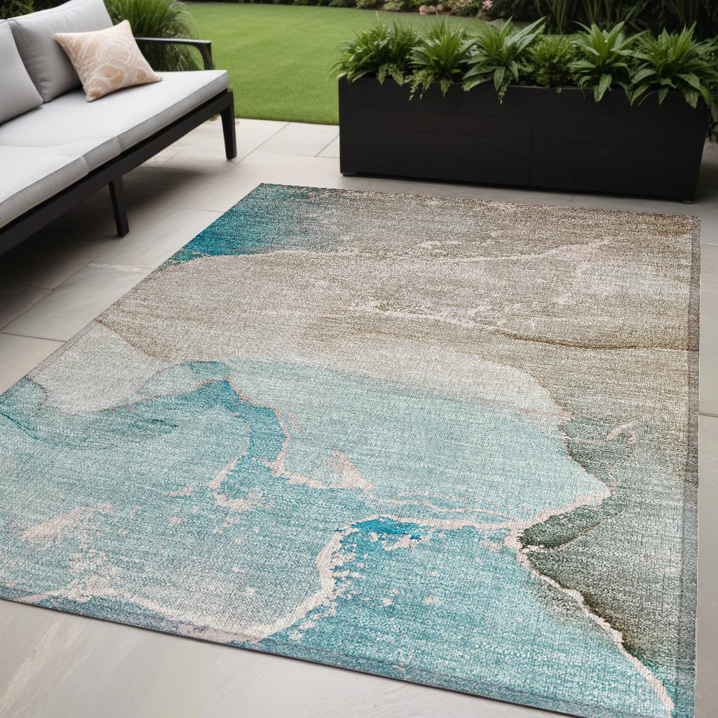 5' X 8' Teal Abstract Washable Non Skid Indoor Outdoor Area Rug