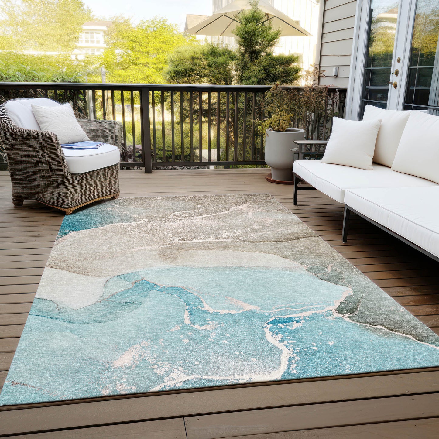 5' X 8' Teal Abstract Washable Non Skid Indoor Outdoor Area Rug