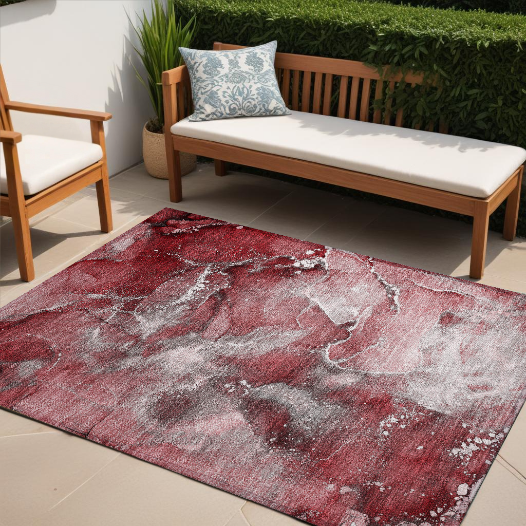 5' X 8' Merlot Abstract Washable Non Skid Indoor Outdoor Area Rug