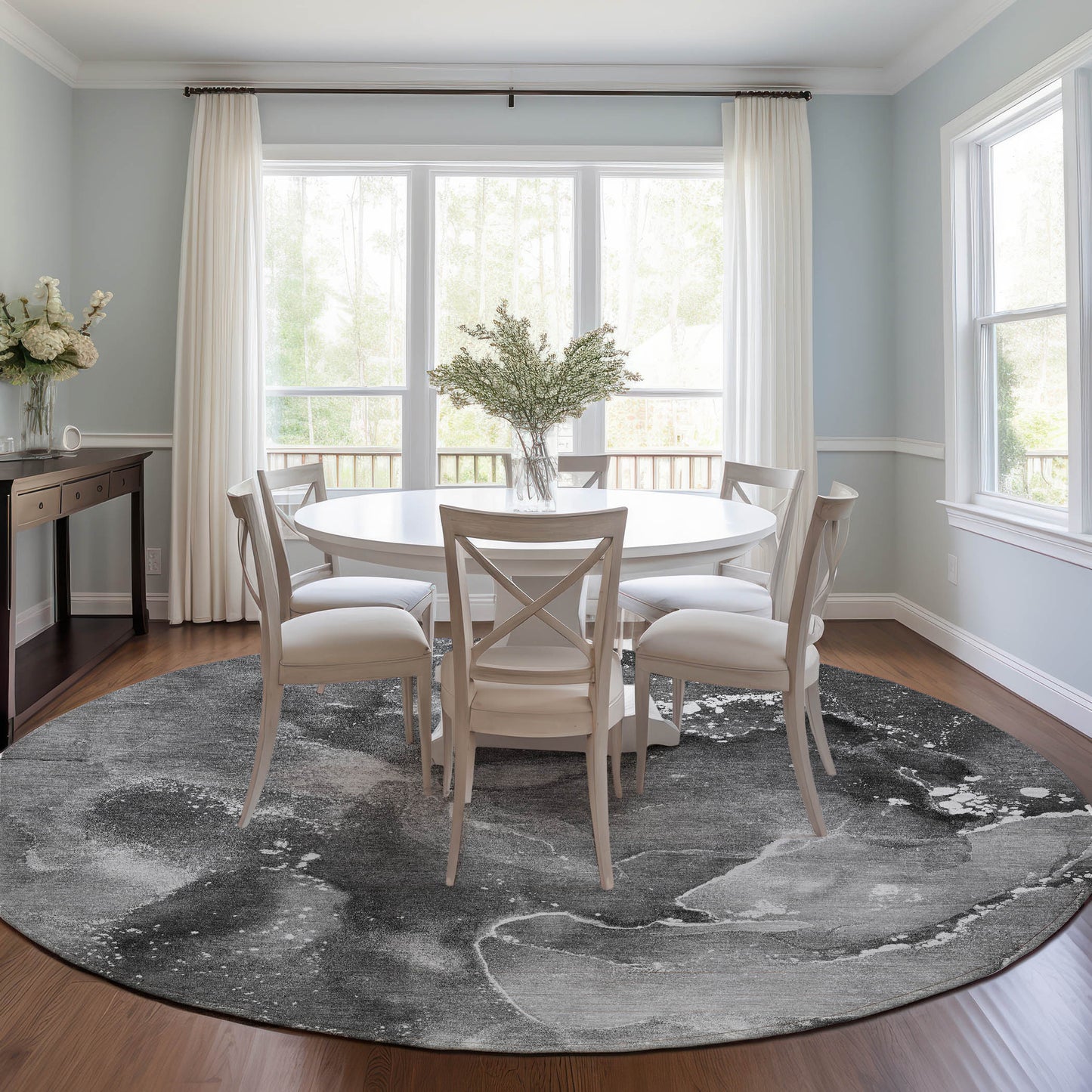 8' Round Gray Round Abstract Washable Non Skid Indoor Outdoor Area Rug