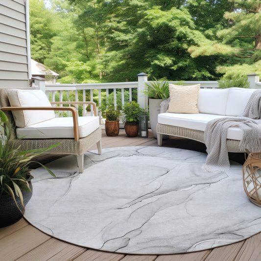 8' Round Gray Round Abstract Washable Non Skid Indoor Outdoor Area Rug