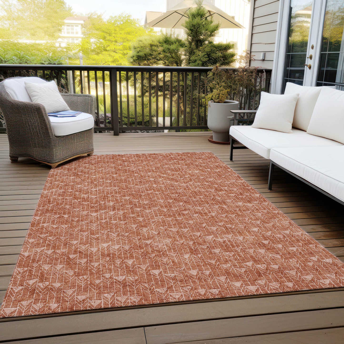 5' X 8' Terra Cotta Geometric Washable Non Skid Indoor Outdoor Area Rug