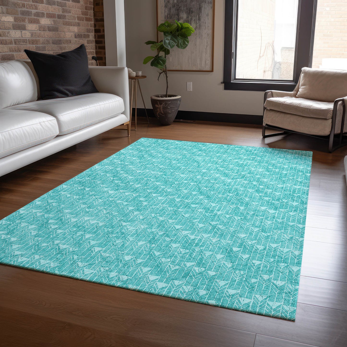 5' X 8' Turquoise Geometric Washable Non Skid Indoor Outdoor Area Rug