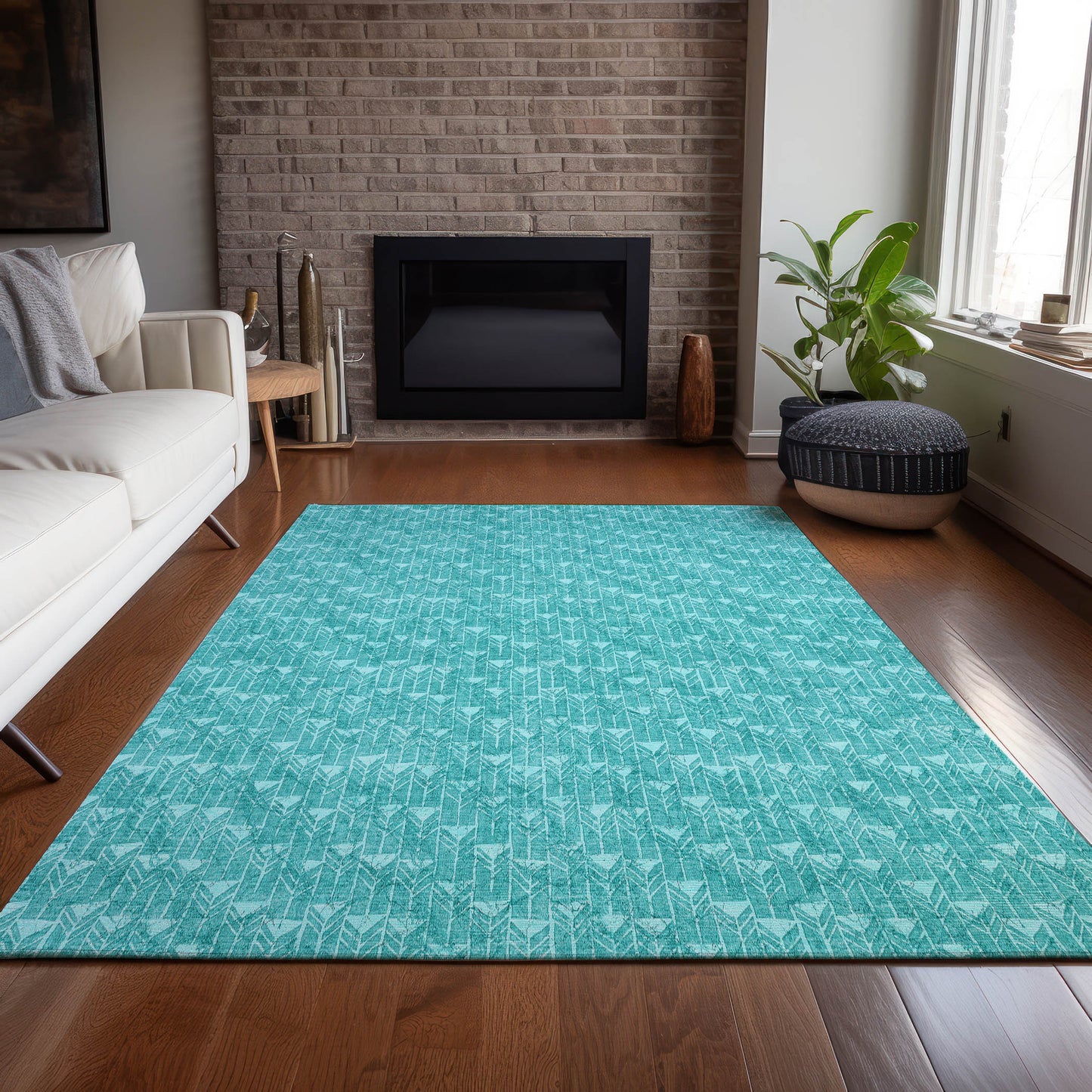 5' X 8' Turquoise Geometric Washable Non Skid Indoor Outdoor Area Rug