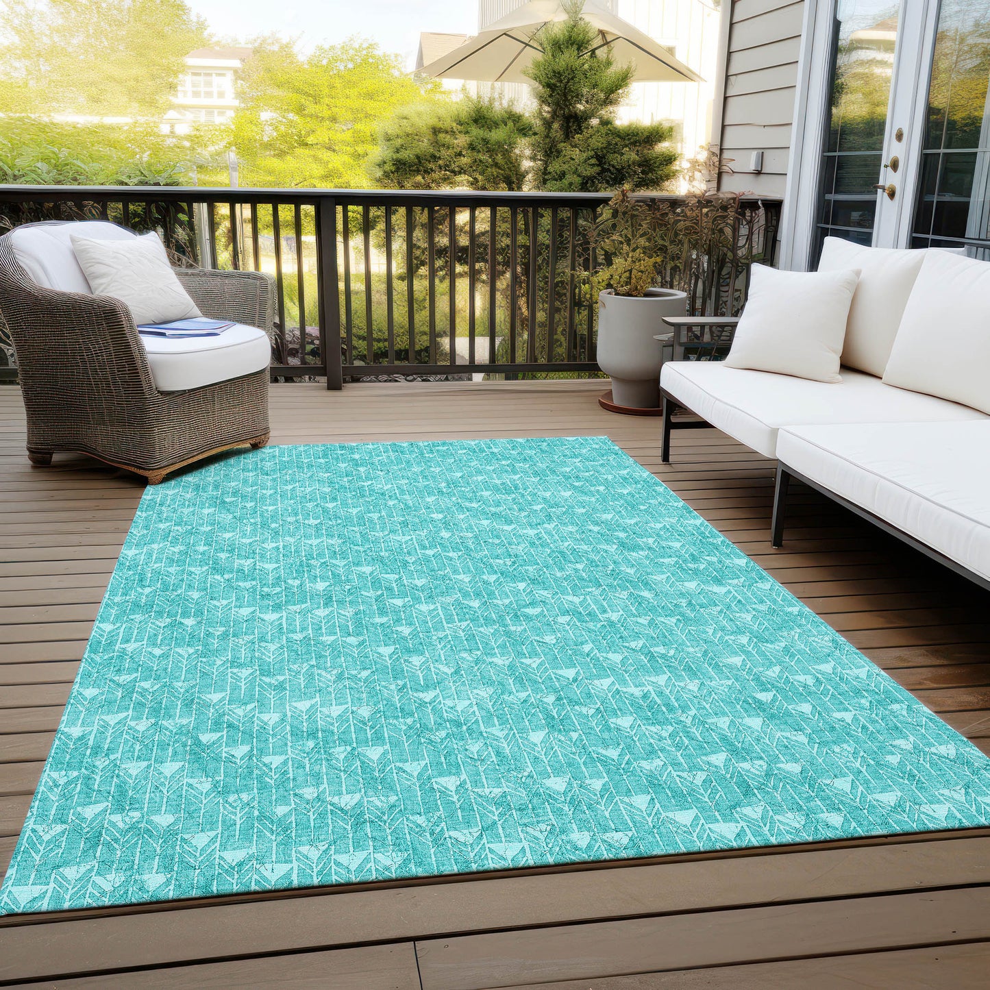 5' X 8' Turquoise Geometric Washable Non Skid Indoor Outdoor Area Rug