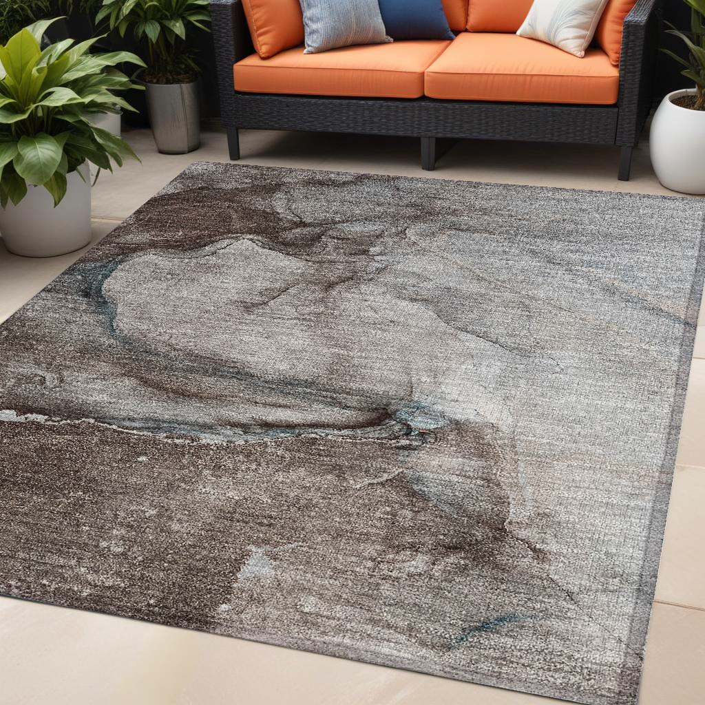 5' X 8' Taupe Abstract Washable Non Skid Indoor Outdoor Area Rug