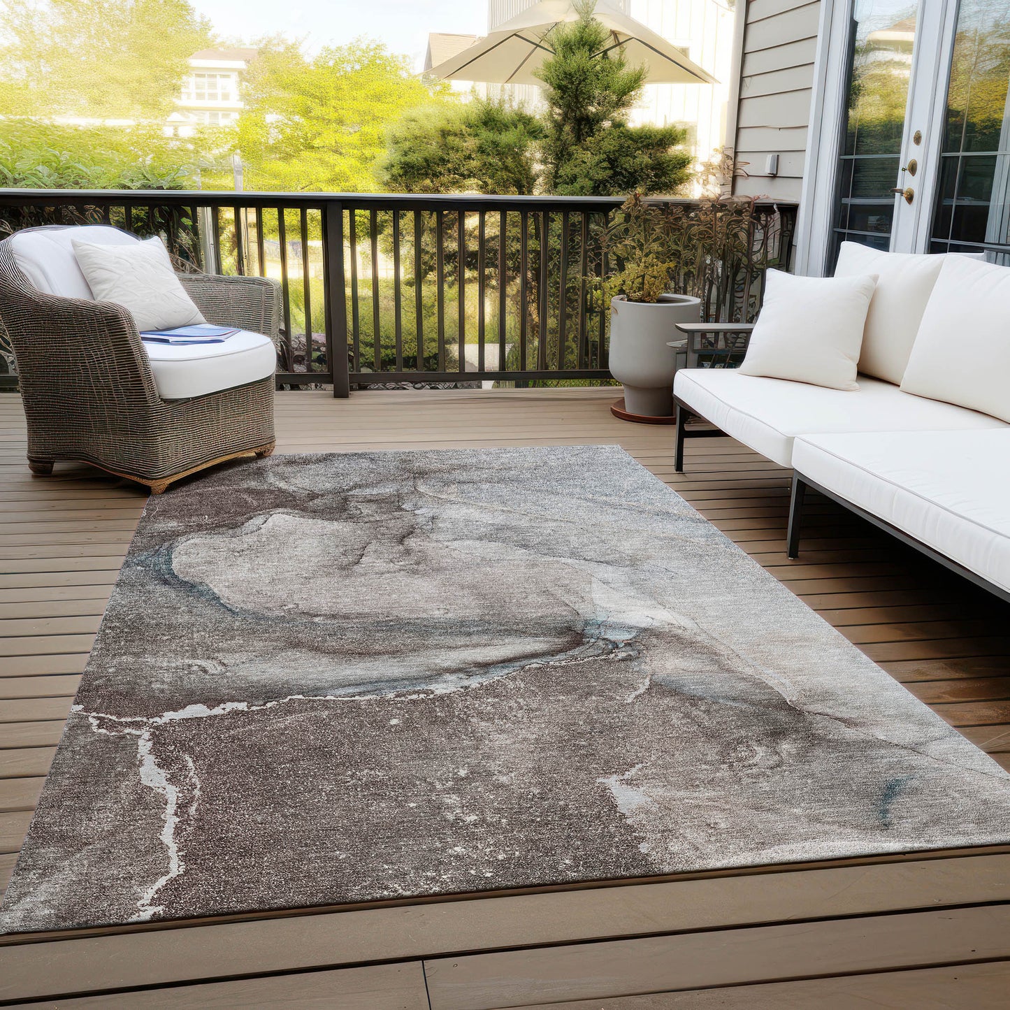 5' X 8' Taupe Abstract Washable Non Skid Indoor Outdoor Area Rug