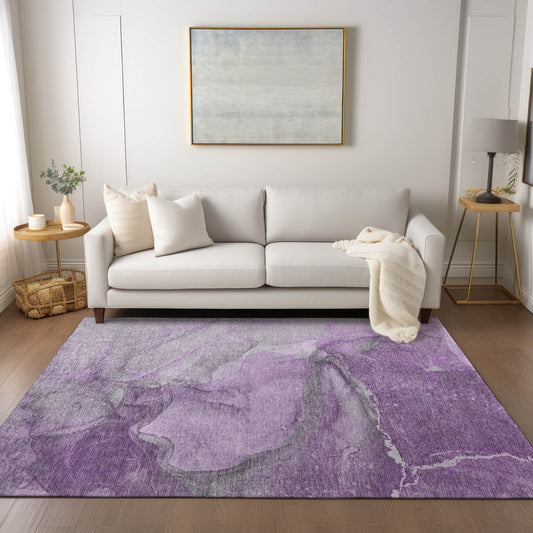 5' X 8' Lilac Abstract Washable Non Skid Indoor Outdoor Area Rug