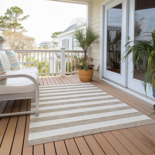 5' X 8' Taupe and White Striped Washable Indoor Outdoor Area Rug