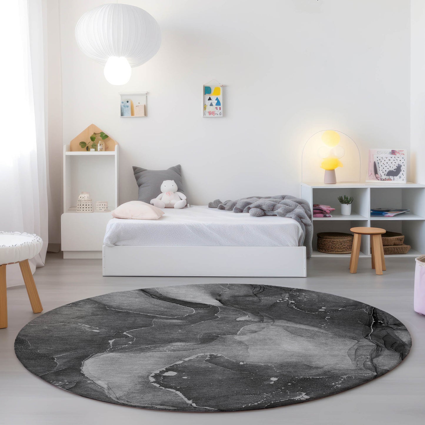 8' Round Gray Round Abstract Washable Non Skid Indoor Outdoor Area Rug