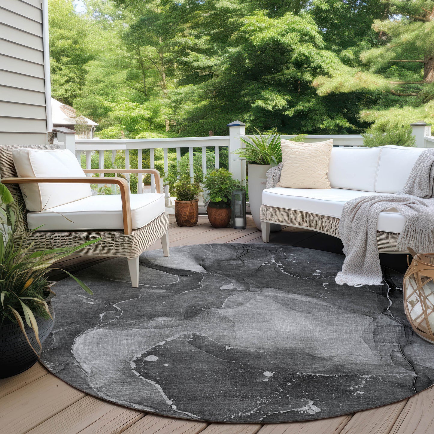 8' Round Gray Round Abstract Washable Non Skid Indoor Outdoor Area Rug