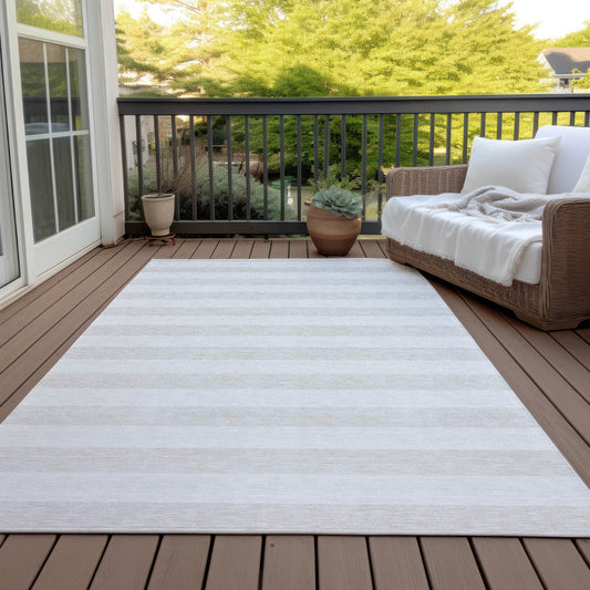 5' X 8' Ivory Striped Washable Indoor Outdoor Area Rug