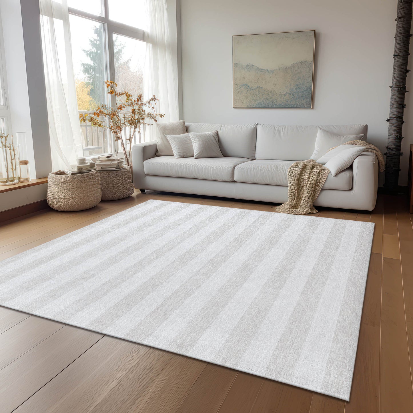 5' X 8' Ivory Striped Washable Indoor Outdoor Area Rug