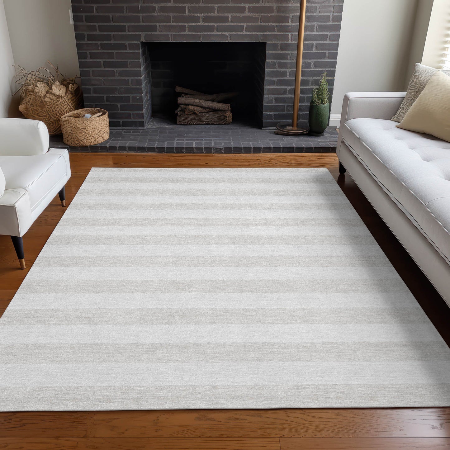 5' X 8' Ivory Striped Washable Indoor Outdoor Area Rug