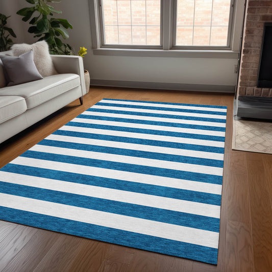 5' X 8' Navy Blue Striped Washable Non Skid Indoor Outdoor Area Rug