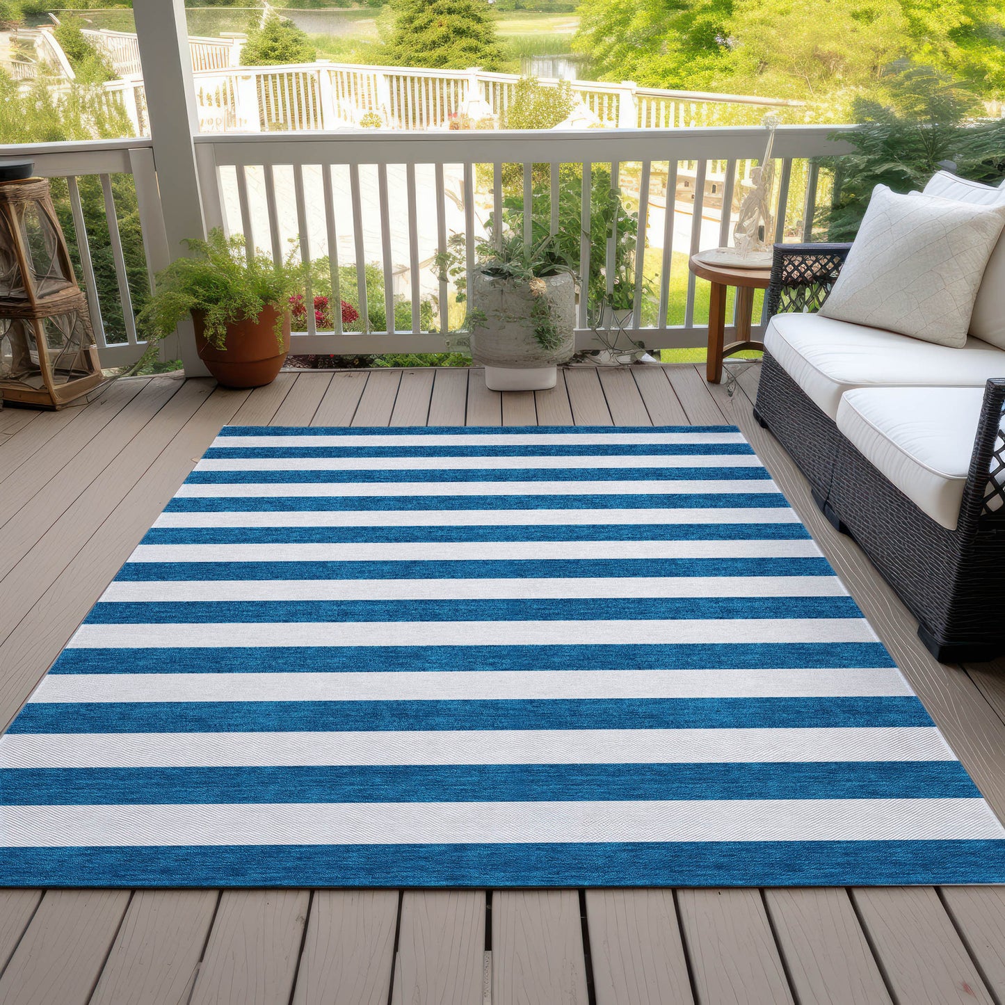 5' X 8' Navy Blue Striped Washable Non Skid Indoor Outdoor Area Rug