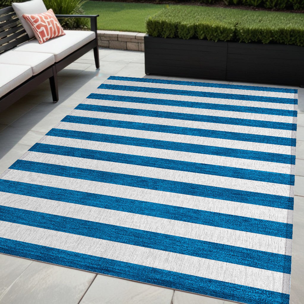 5' X 8' Navy Blue Striped Washable Non Skid Indoor Outdoor Area Rug