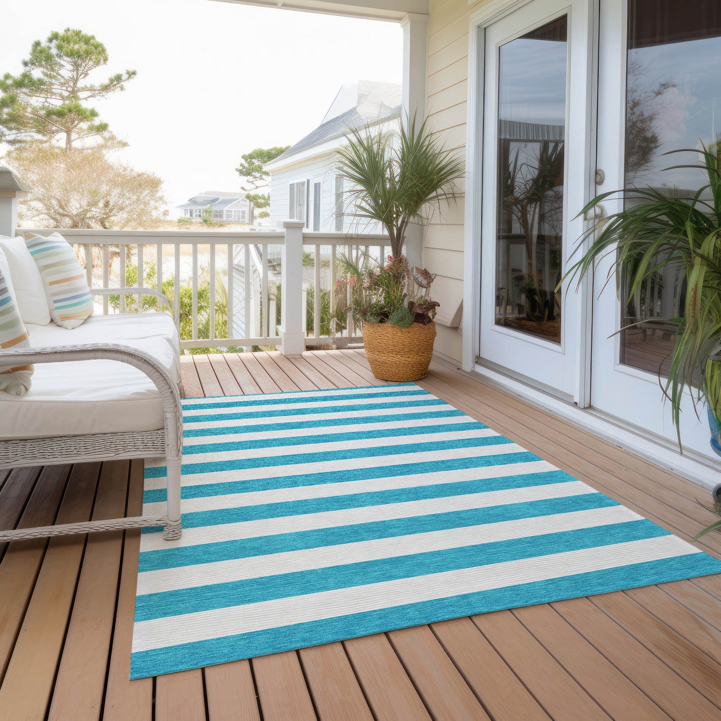 5' X 8' Teal and White Striped Washable Indoor Outdoor Area Rug