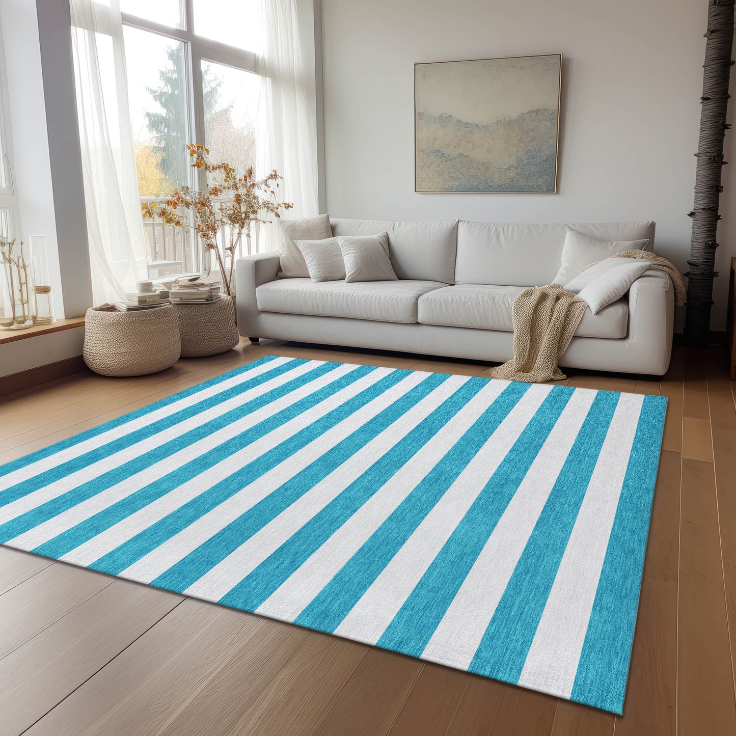 5' X 8' Teal and White Striped Washable Indoor Outdoor Area Rug