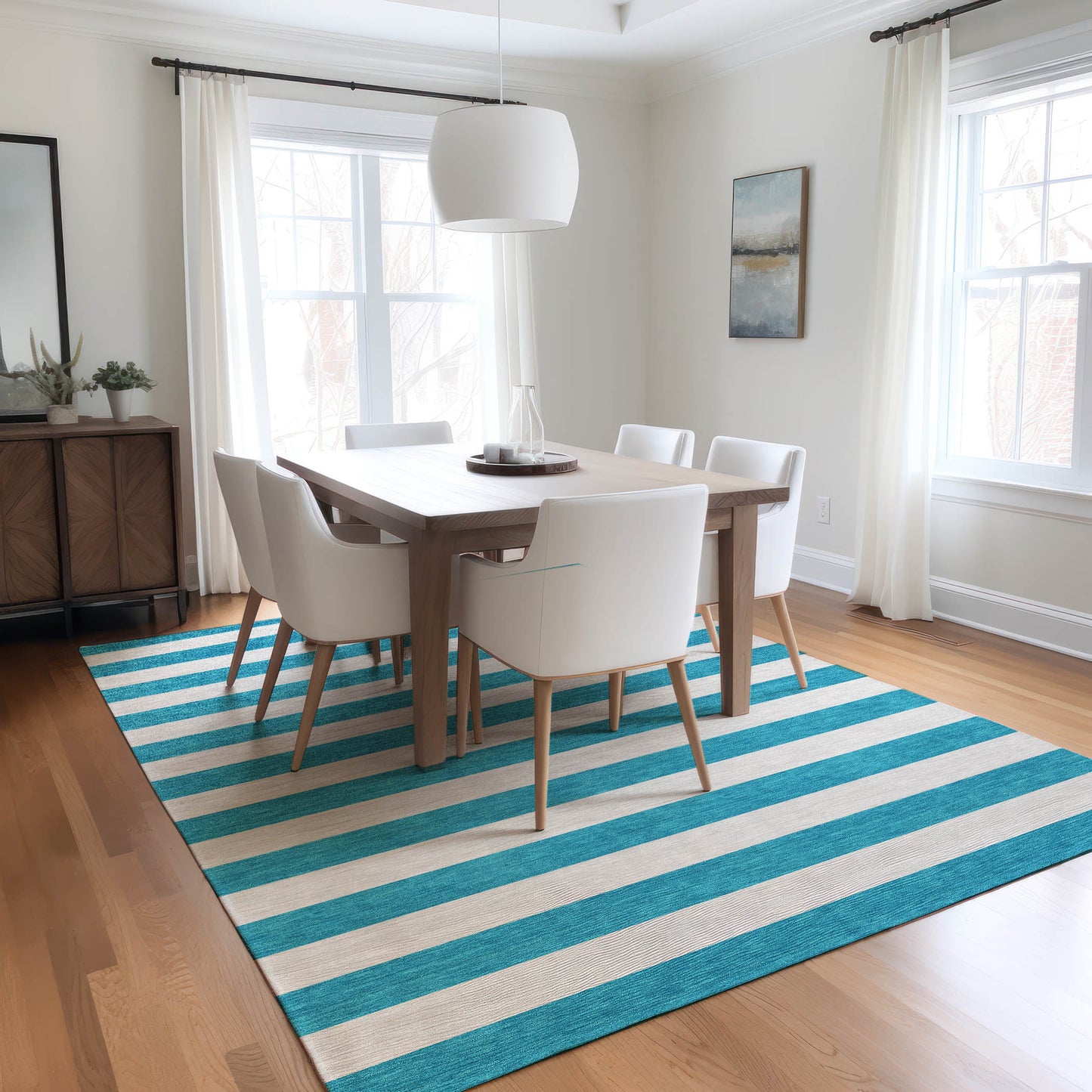 5' X 8' Teal and White Striped Washable Indoor Outdoor Area Rug