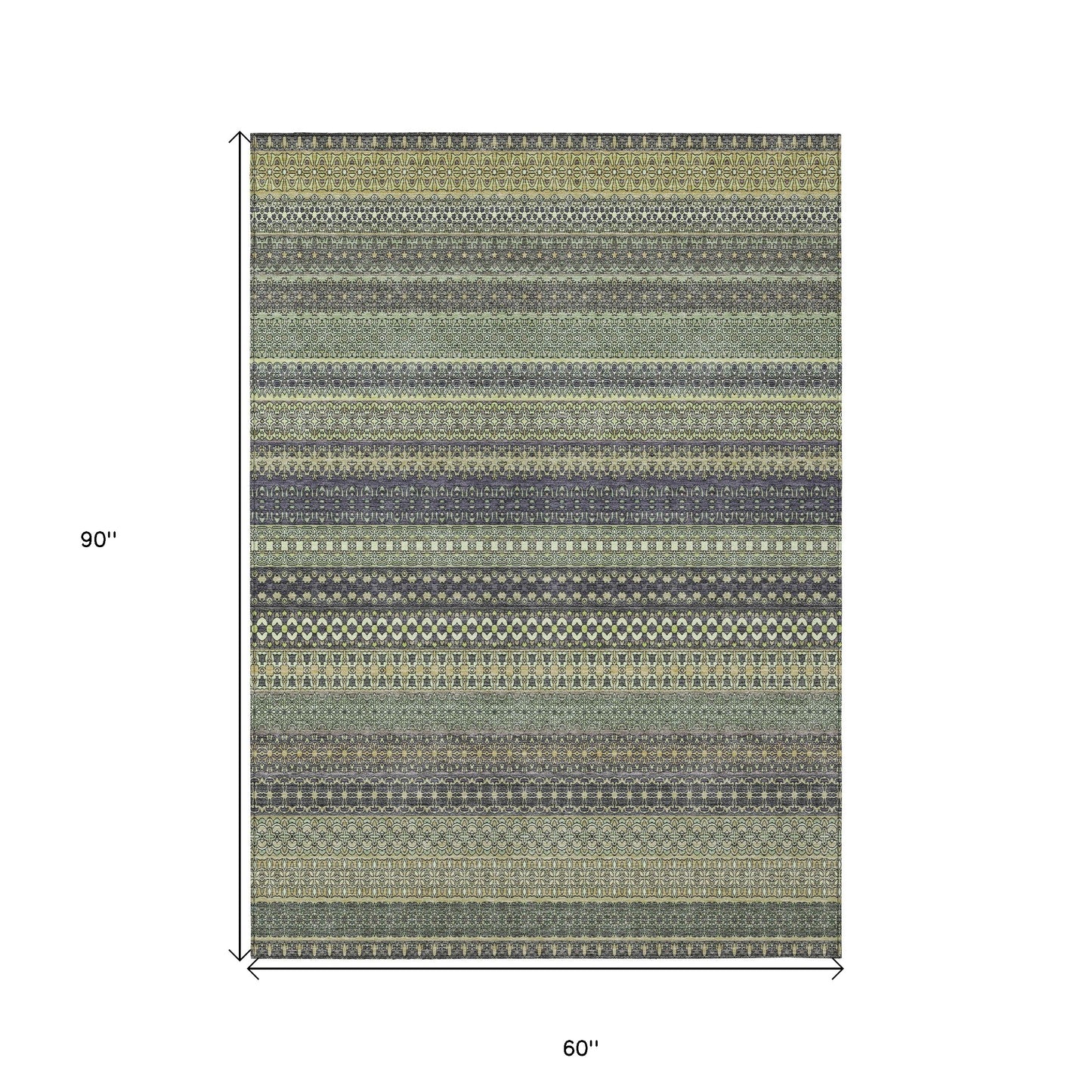 5' X 8' Sage Striped Washable Non Skid Indoor Outdoor Area Rug