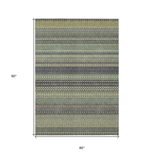 5' X 8' Sage Striped Washable Non Skid Indoor Outdoor Area Rug