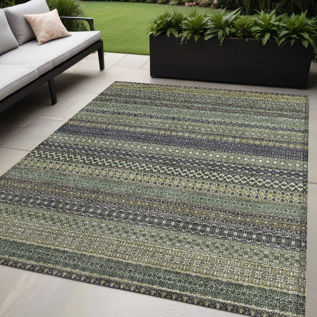 5' X 8' Sage Striped Washable Non Skid Indoor Outdoor Area Rug