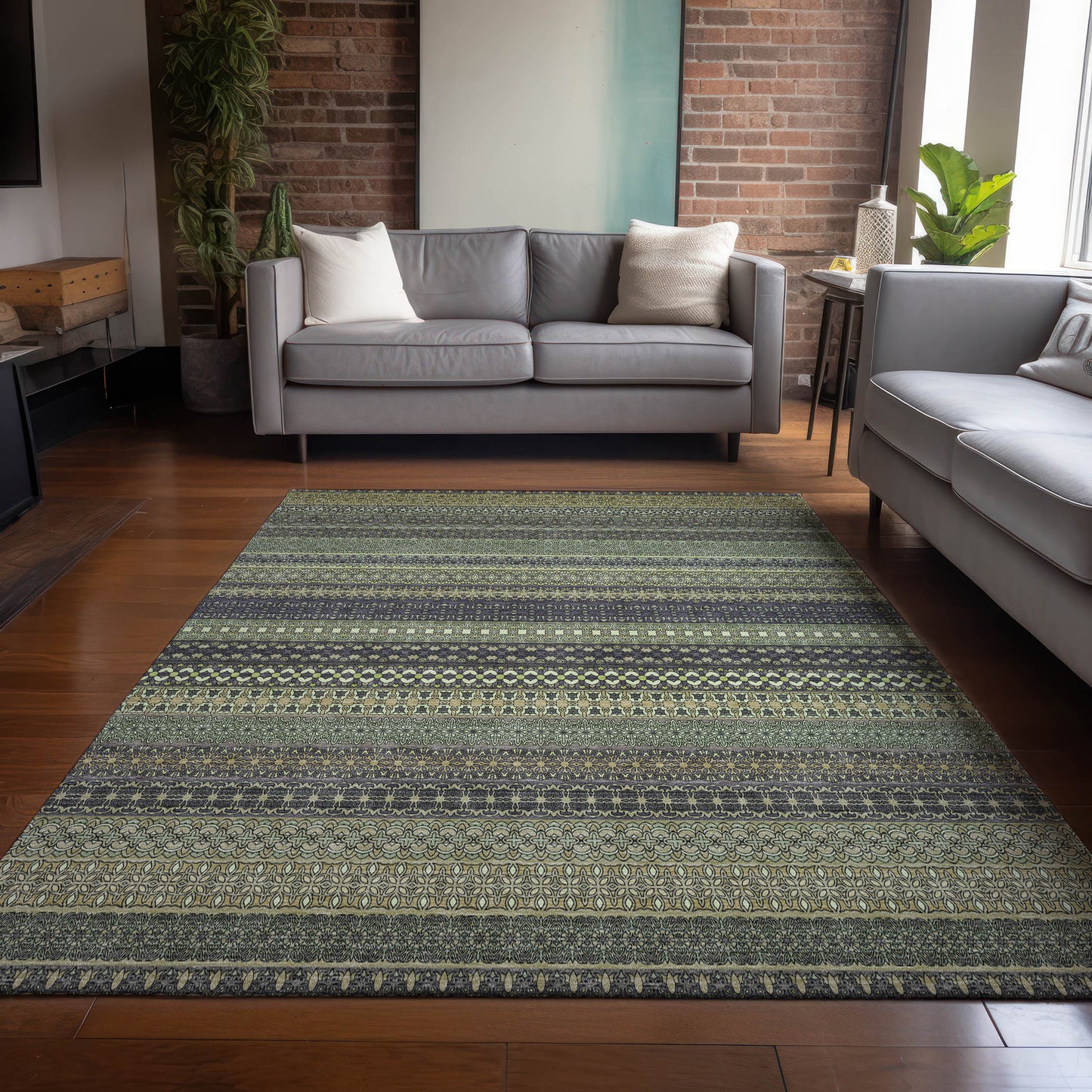 5' X 8' Sage Striped Washable Non Skid Indoor Outdoor Area Rug