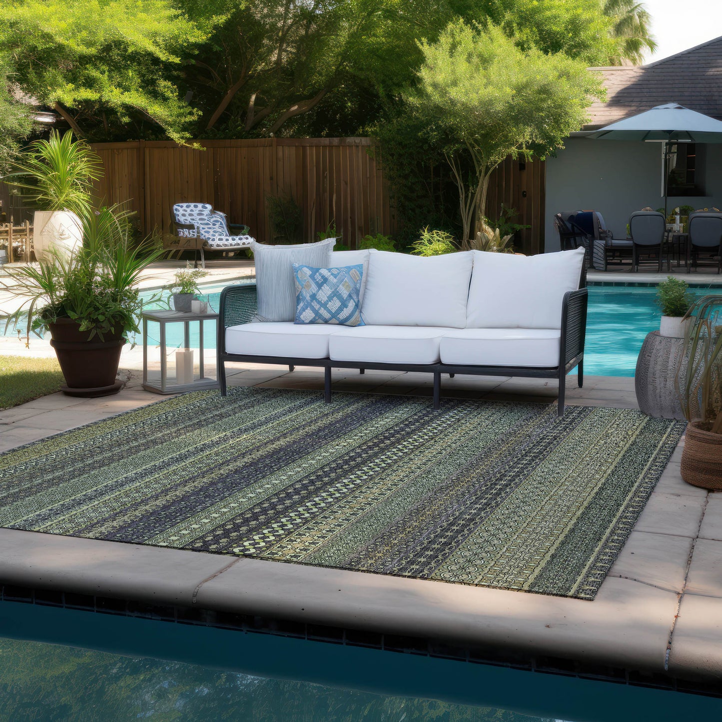 5' X 8' Sage Striped Washable Non Skid Indoor Outdoor Area Rug