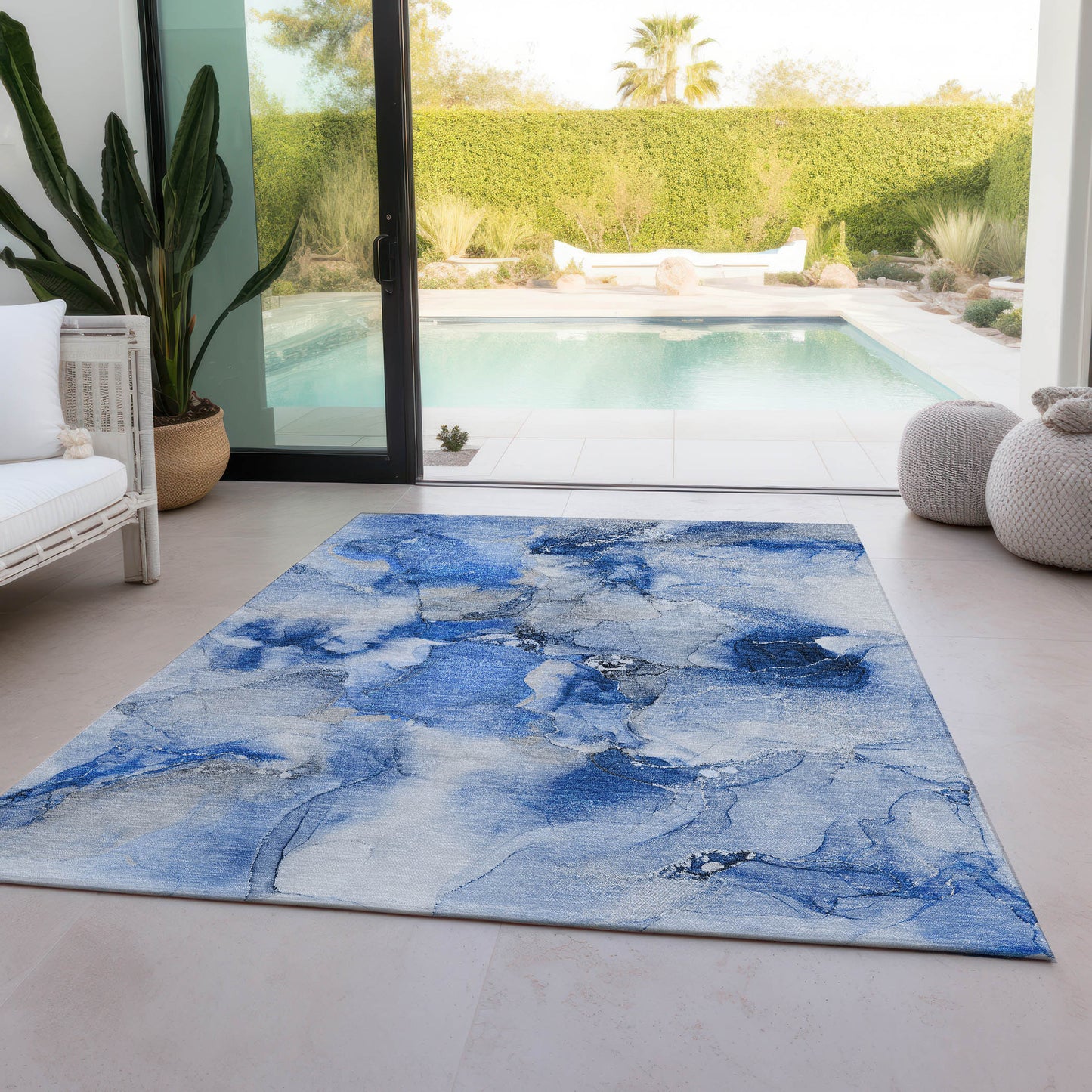 5' X 8' Navy Blue Abstract Washable Indoor Outdoor Area Rug