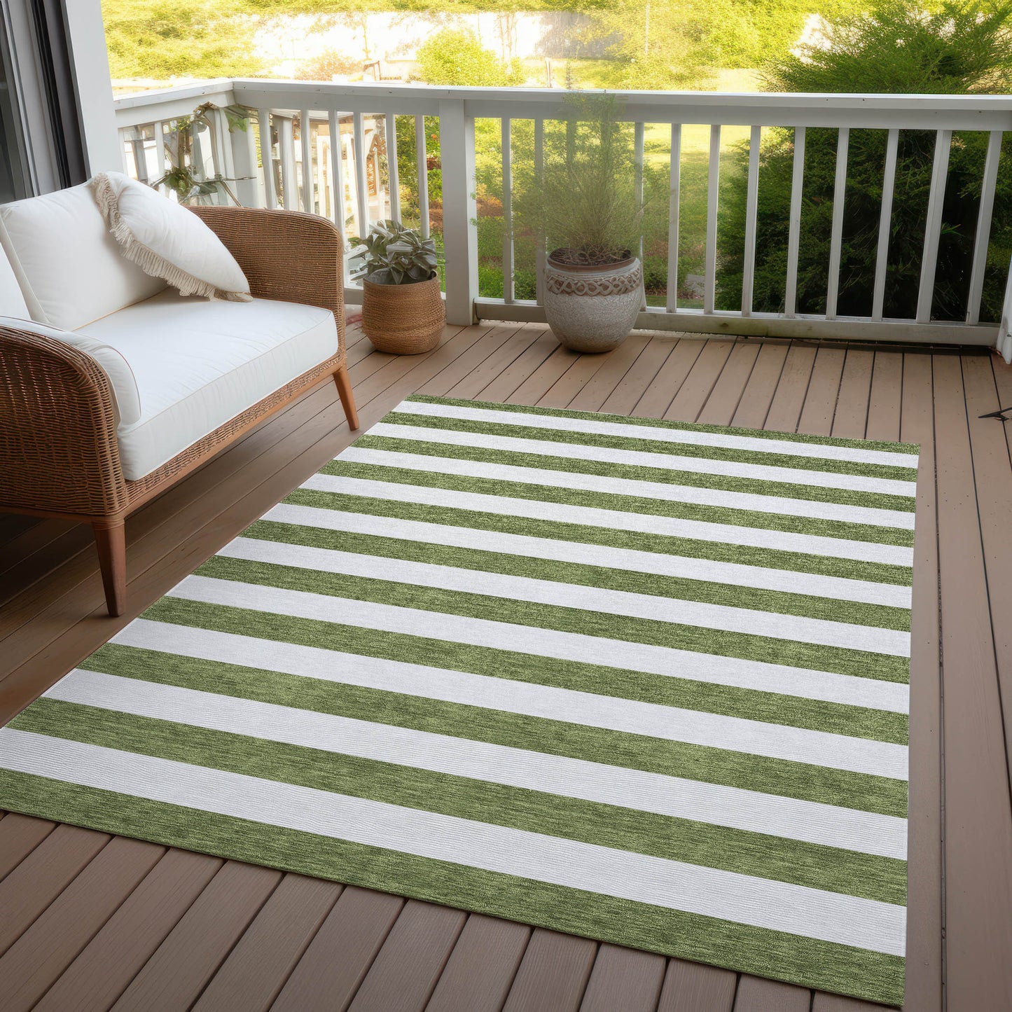 5' X 8' Olive Green Striped Washable Non Skid Indoor Outdoor Area Rug