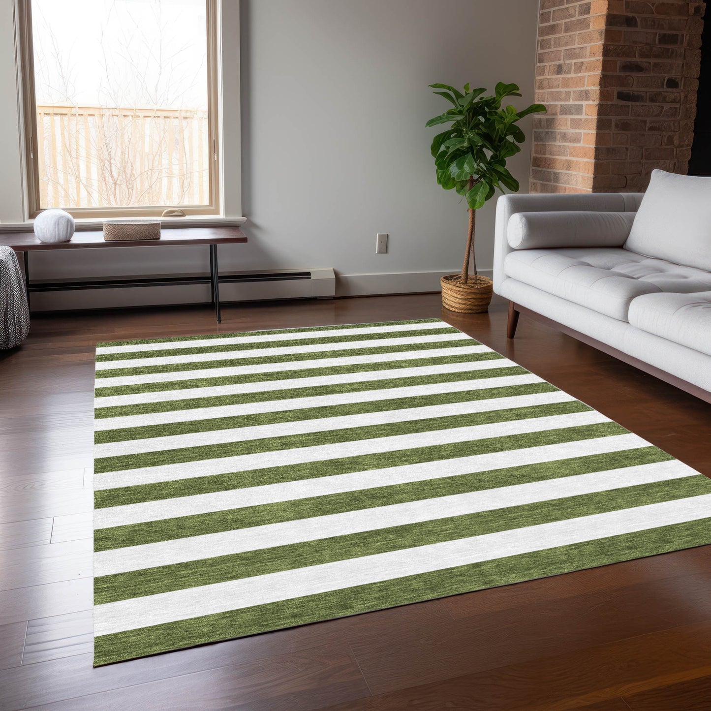 5' X 8' Olive Green Striped Washable Non Skid Indoor Outdoor Area Rug