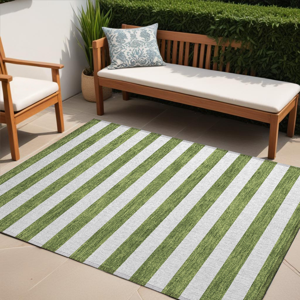 5' X 8' Olive Green Striped Washable Non Skid Indoor Outdoor Area Rug