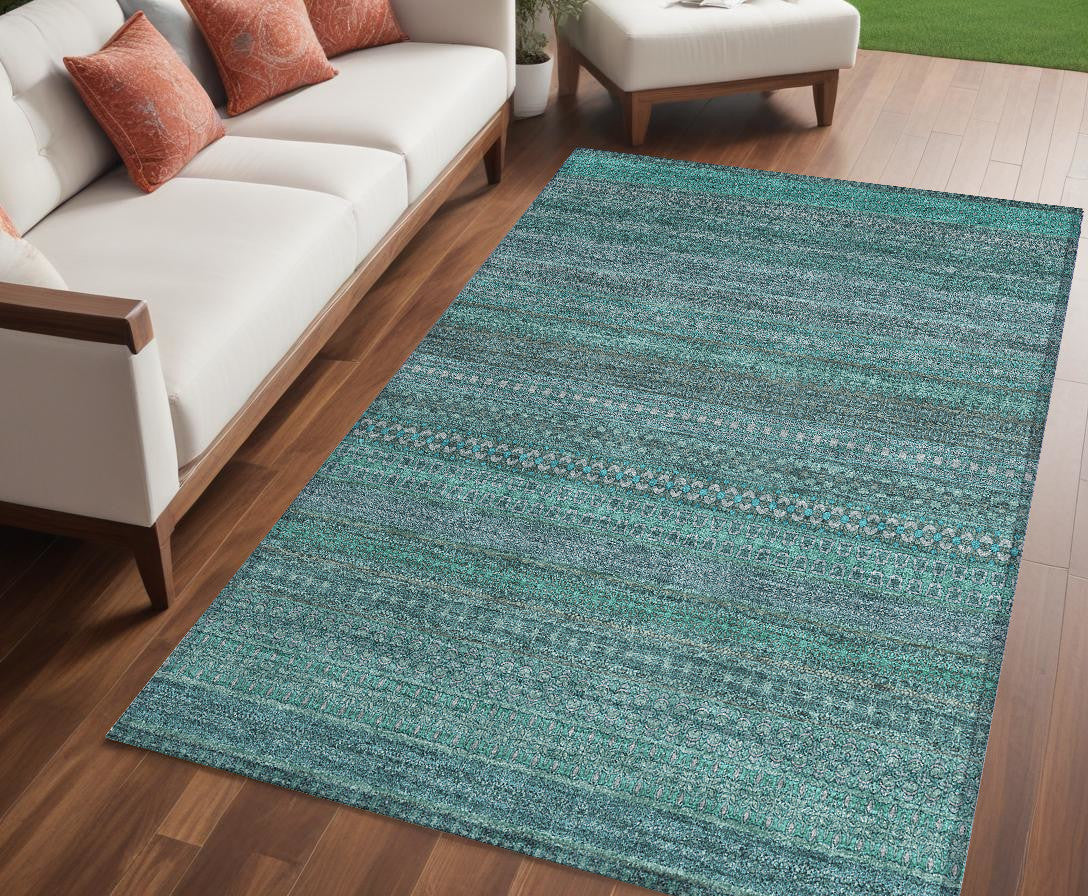 5' X 8' Turquoise Striped Washable Non Skid Indoor Outdoor Area Rug