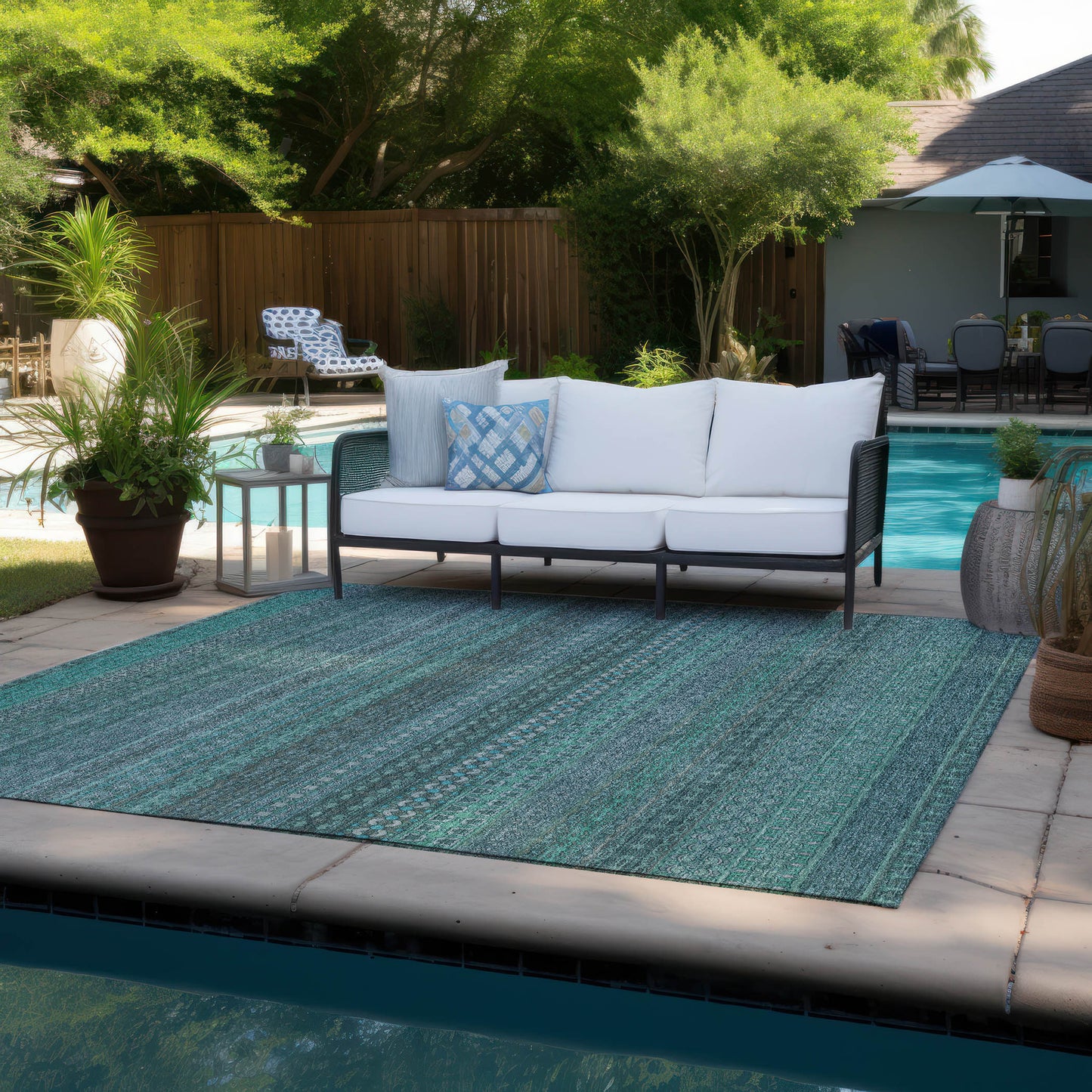 5' X 8' Turquoise Striped Washable Non Skid Indoor Outdoor Area Rug