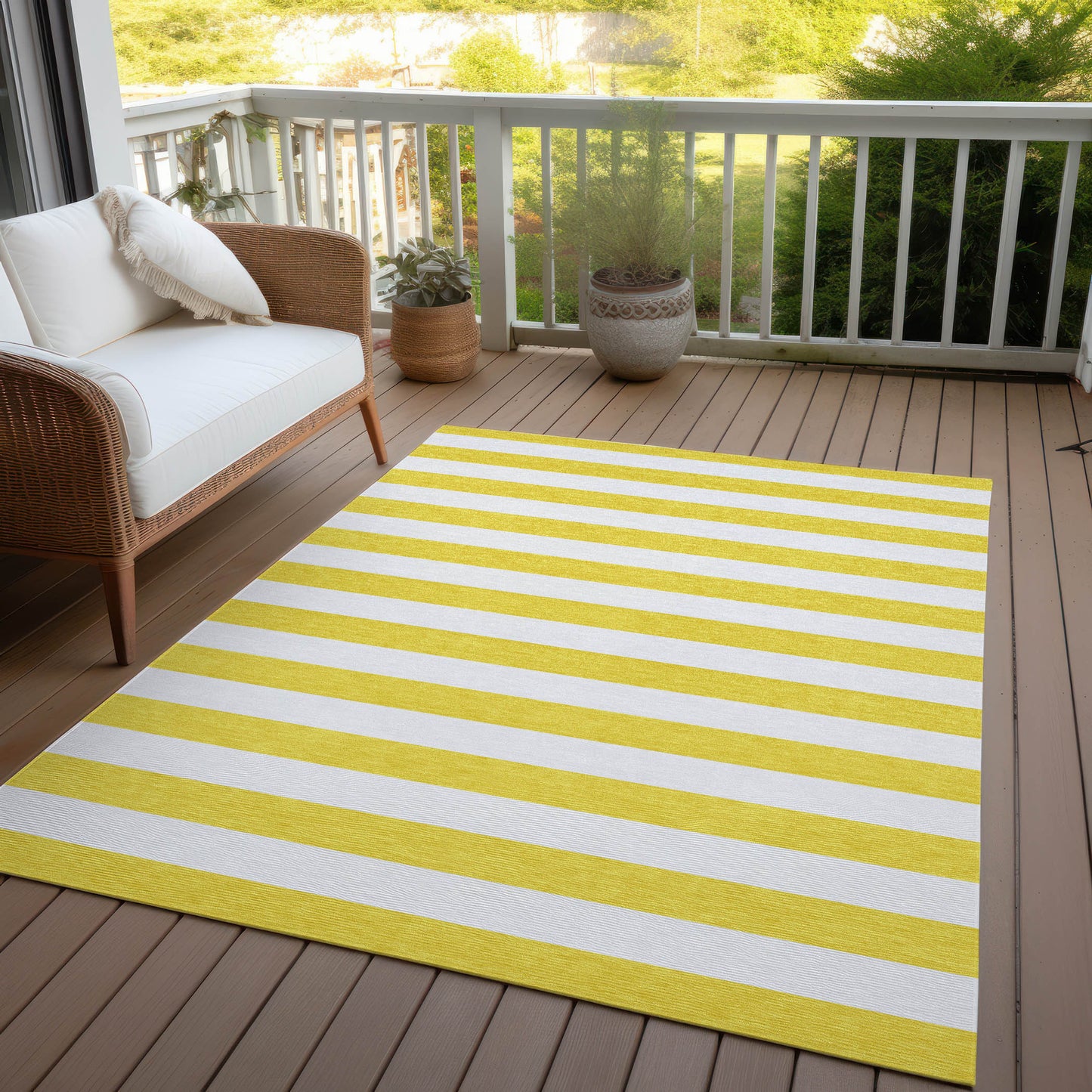 5' X 8' Yellow and White Striped Washable Indoor Outdoor Area Rug