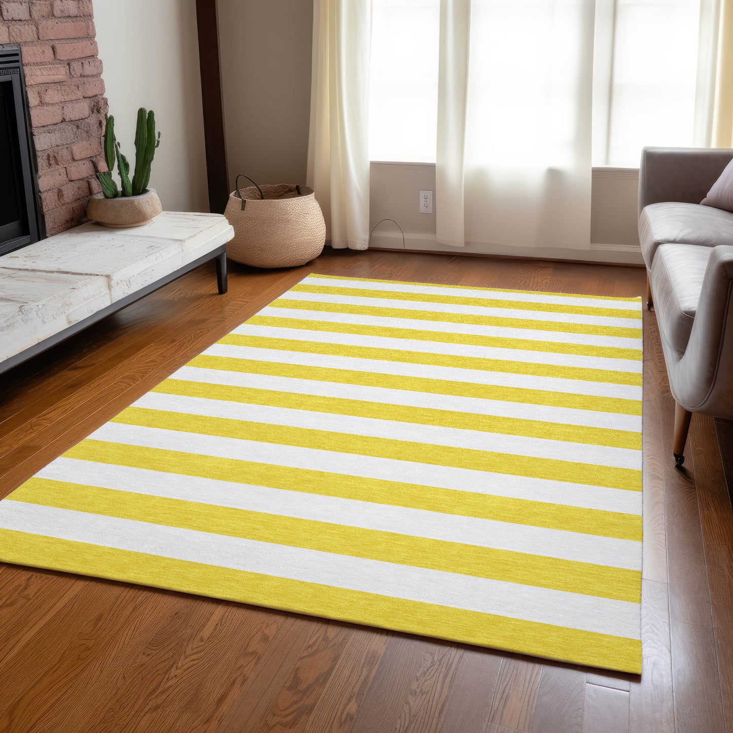 5' X 8' Yellow and White Striped Washable Indoor Outdoor Area Rug