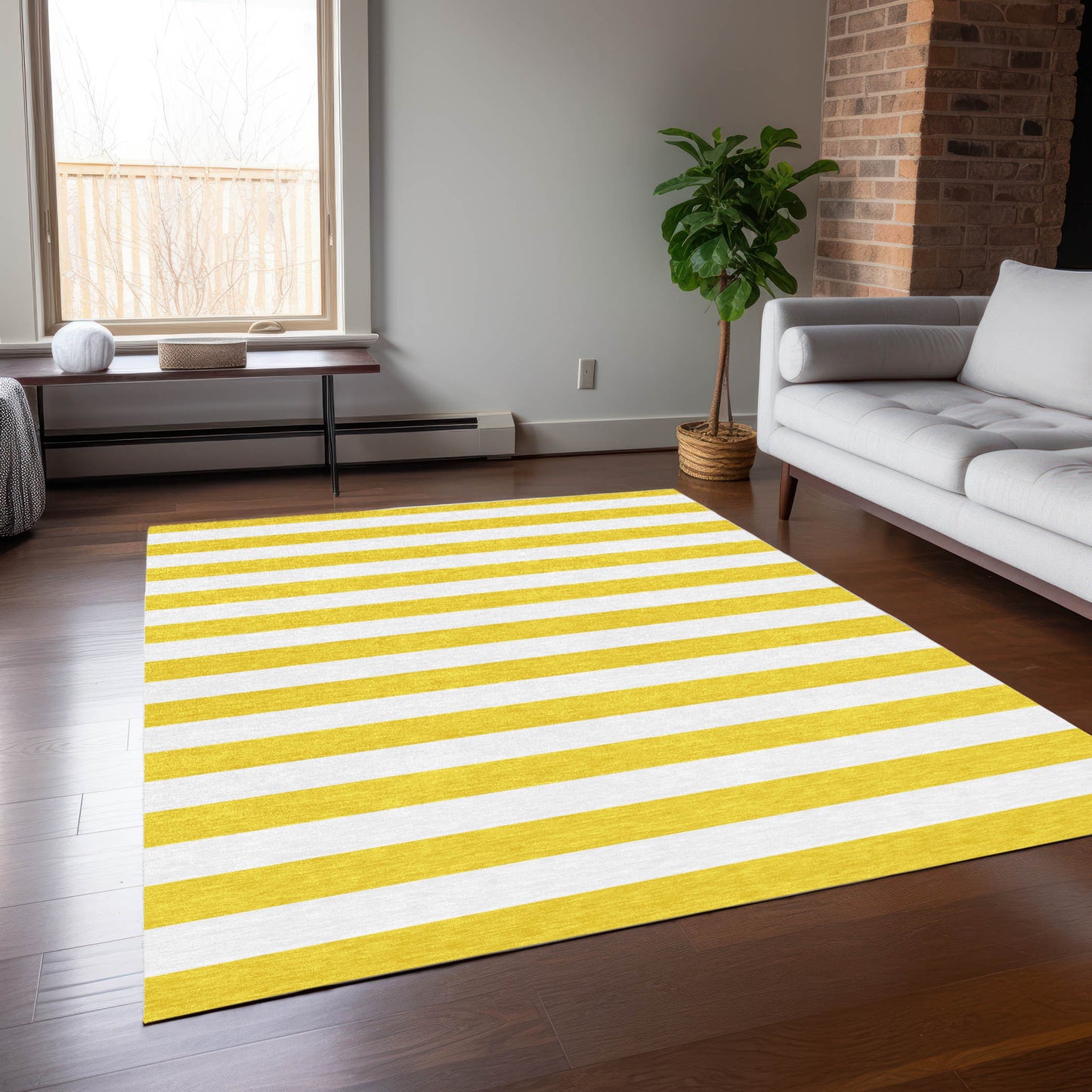 5' X 8' Yellow and White Striped Washable Indoor Outdoor Area Rug