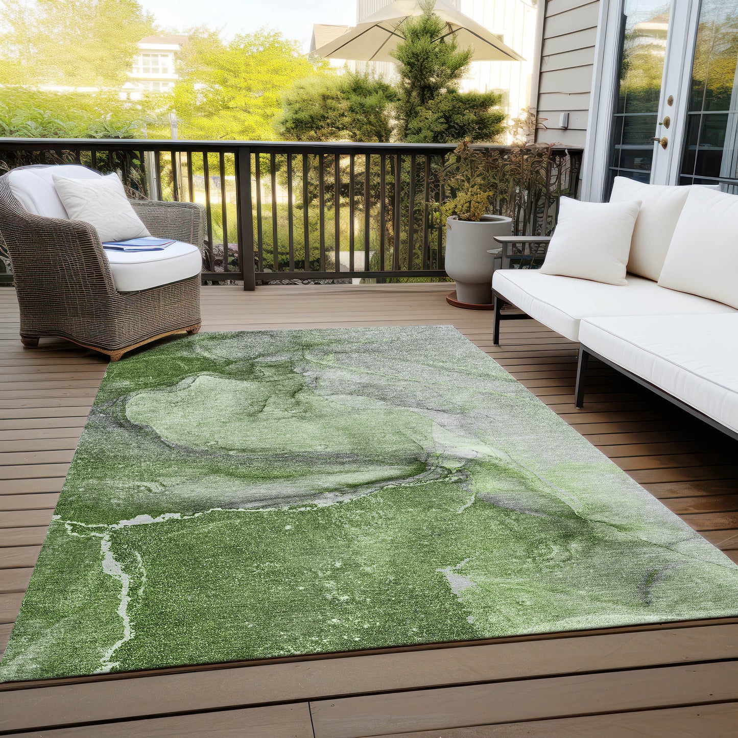 5' X 8' Olive Green Abstract Washable Non Skid Indoor Outdoor Area Rug