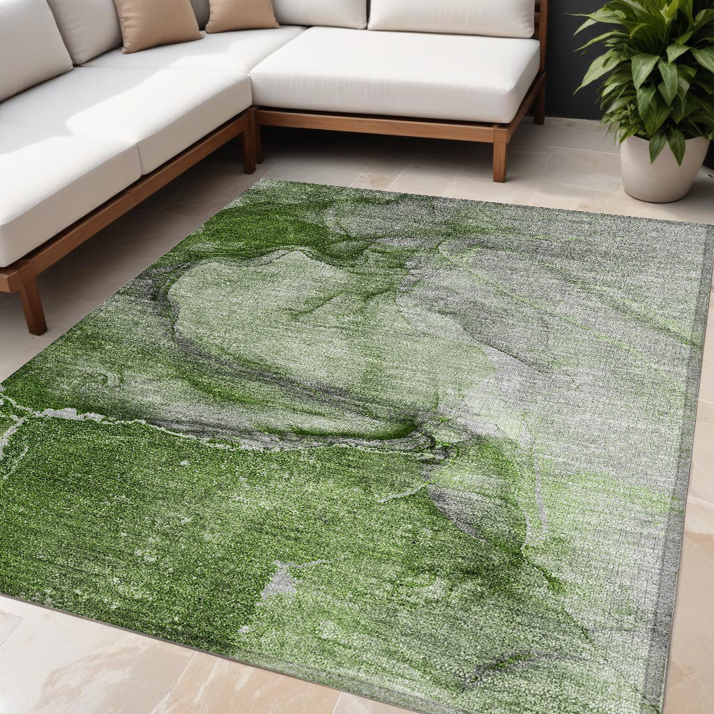 5' X 8' Olive Green Abstract Washable Non Skid Indoor Outdoor Area Rug