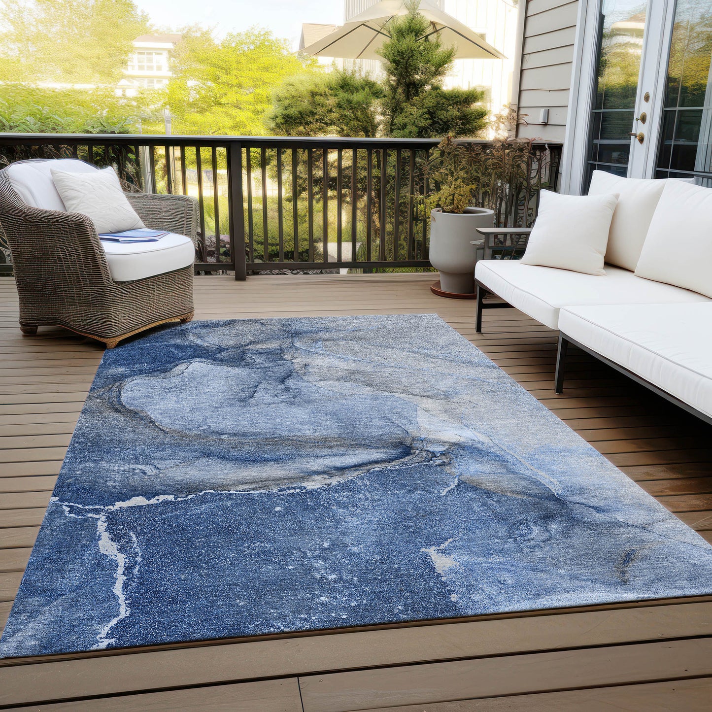 5' X 8' Navy Blue Abstract Washable Non Skid Indoor Outdoor Area Rug