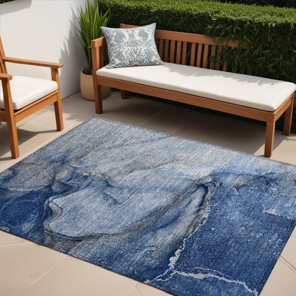 5' X 8' Navy Blue Abstract Washable Non Skid Indoor Outdoor Area Rug