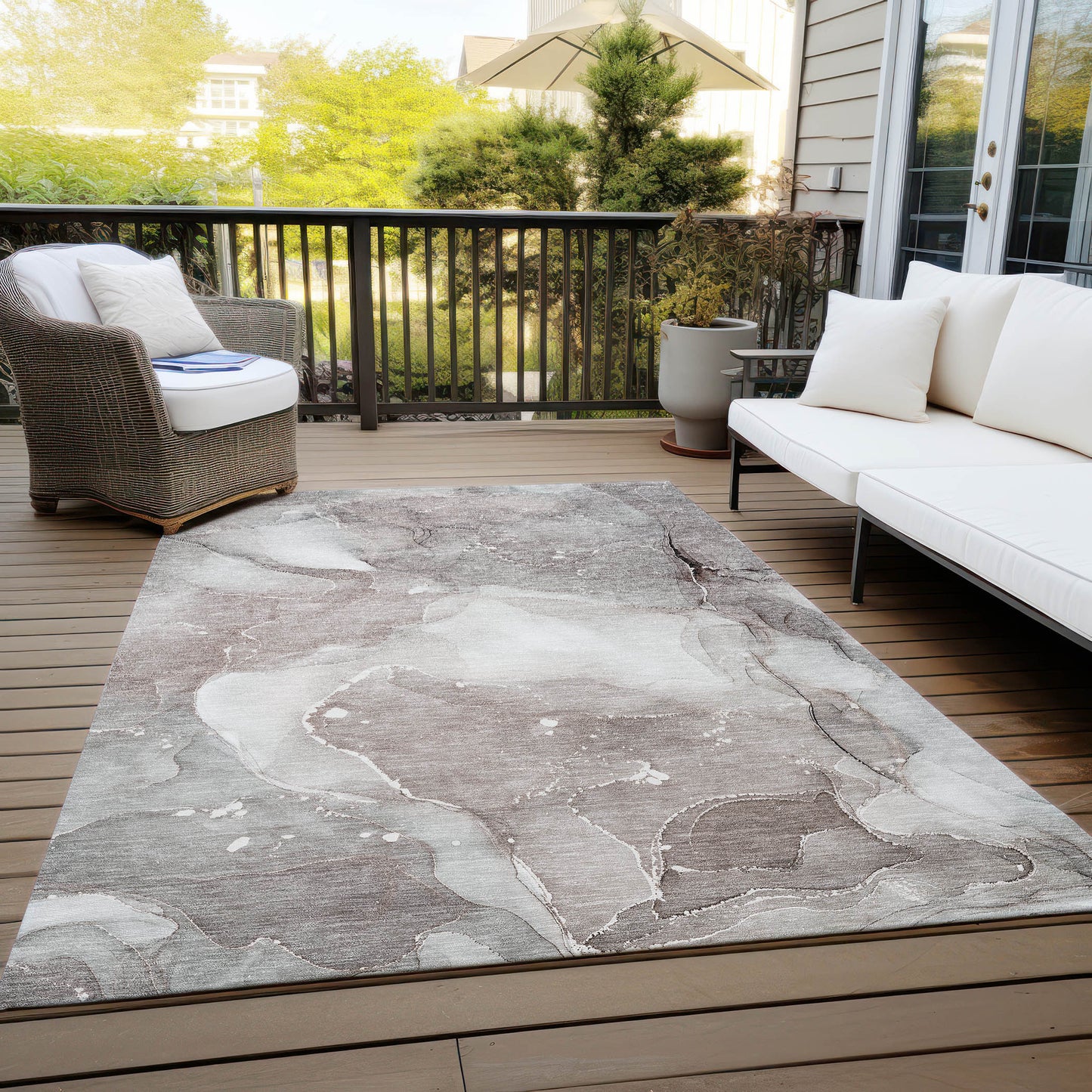 5' X 8' Taupe Abstract Washable Non Skid Indoor Outdoor Area Rug