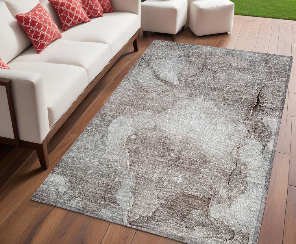 5' X 8' Taupe Abstract Washable Non Skid Indoor Outdoor Area Rug