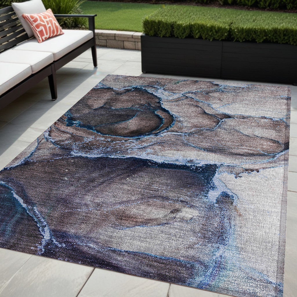 5' X 8' Navy Blue Abstract Washable Non Skid Indoor Outdoor Area Rug