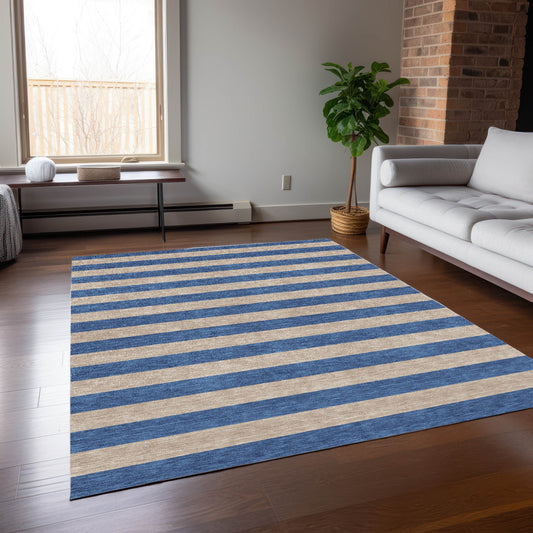 5' X 8' Tan Striped Washable Non Skid Indoor Outdoor Area Rug