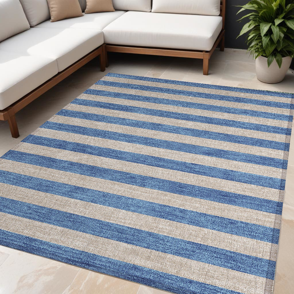 5' X 8' Tan Striped Washable Non Skid Indoor Outdoor Area Rug