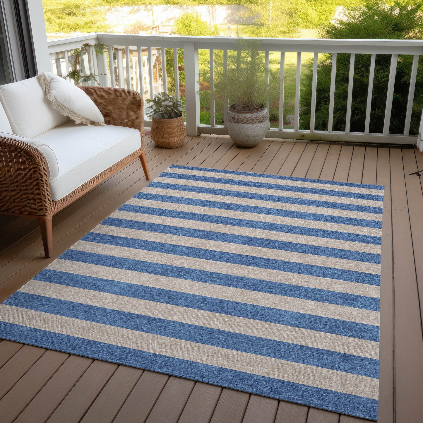 5' X 8' Tan Striped Washable Non Skid Indoor Outdoor Area Rug