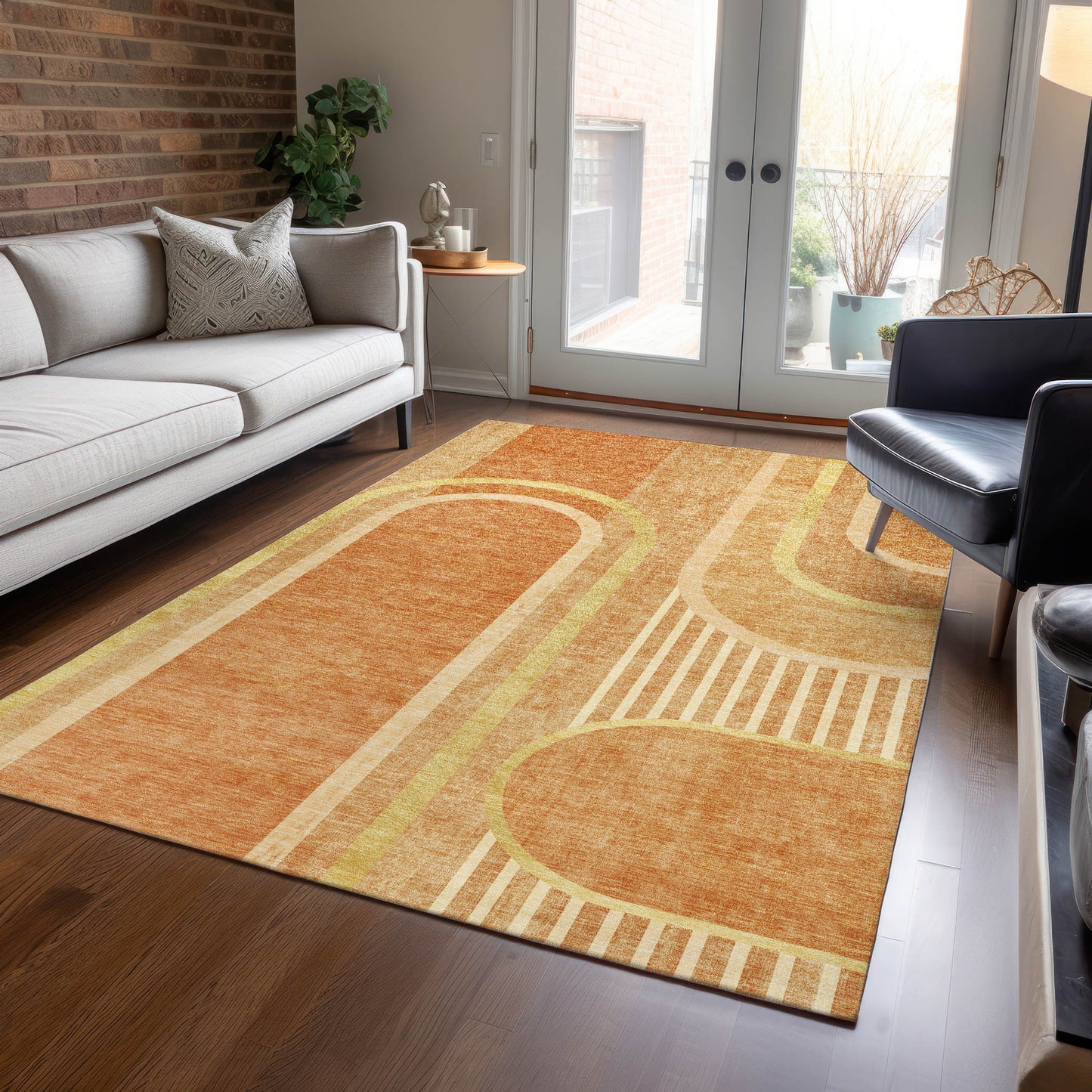 5' X 8' Terra Cotta Abstract Washable Indoor Outdoor Area Rug